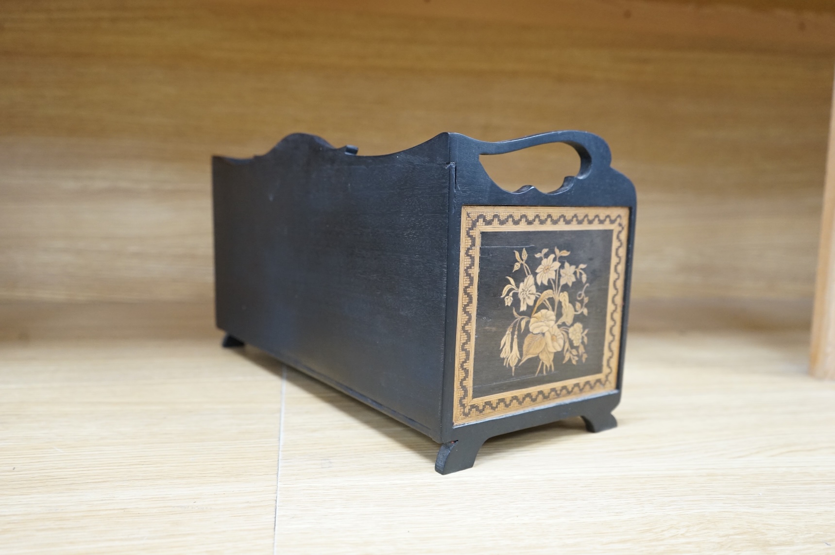 A late 19th century Sorrento ware book stand, 37.5cm wide x 20cm high